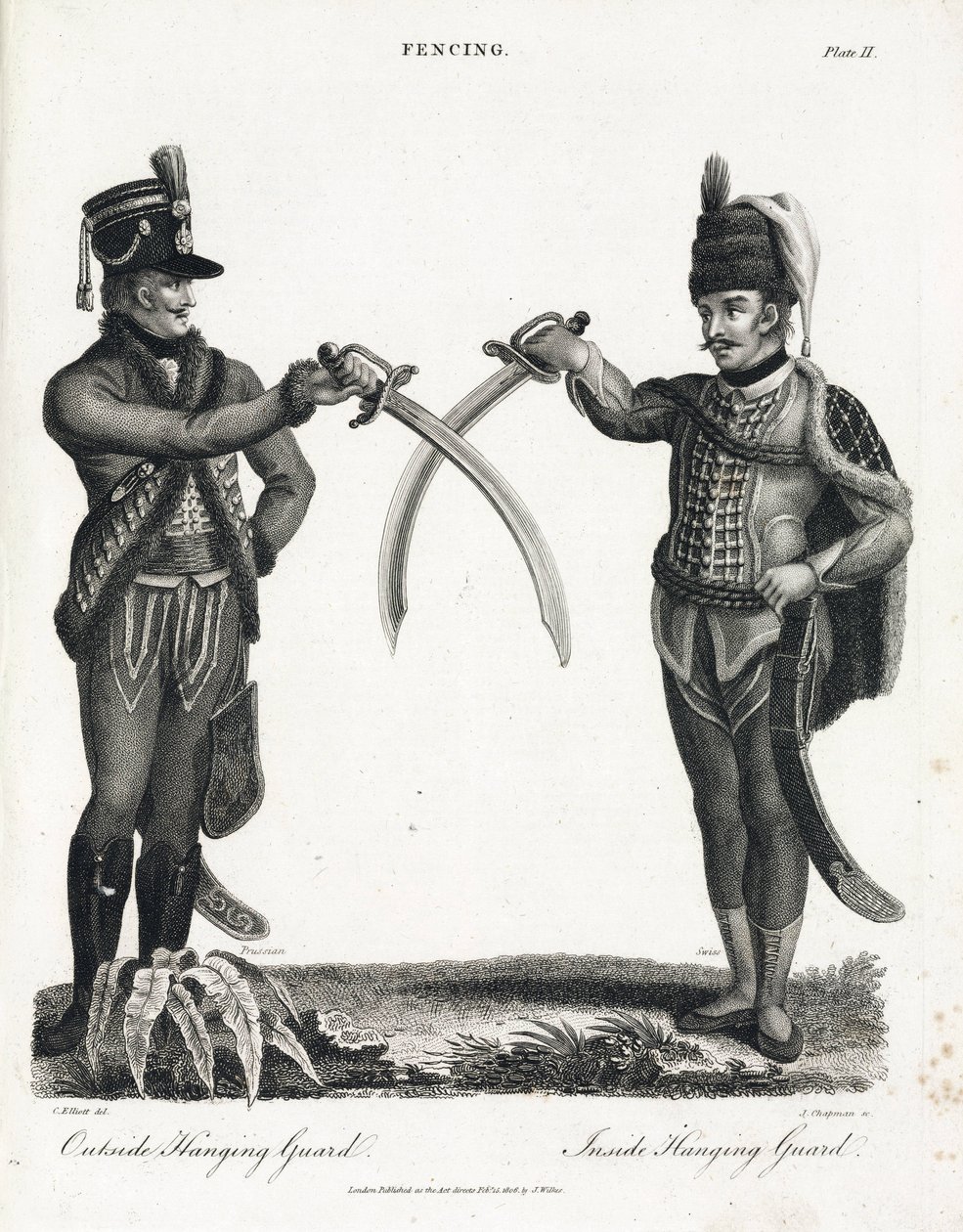 Escrime: garde ouverte en supination et garde fermee en supination, executees par des officiers suisse et prussien od Unbekannt