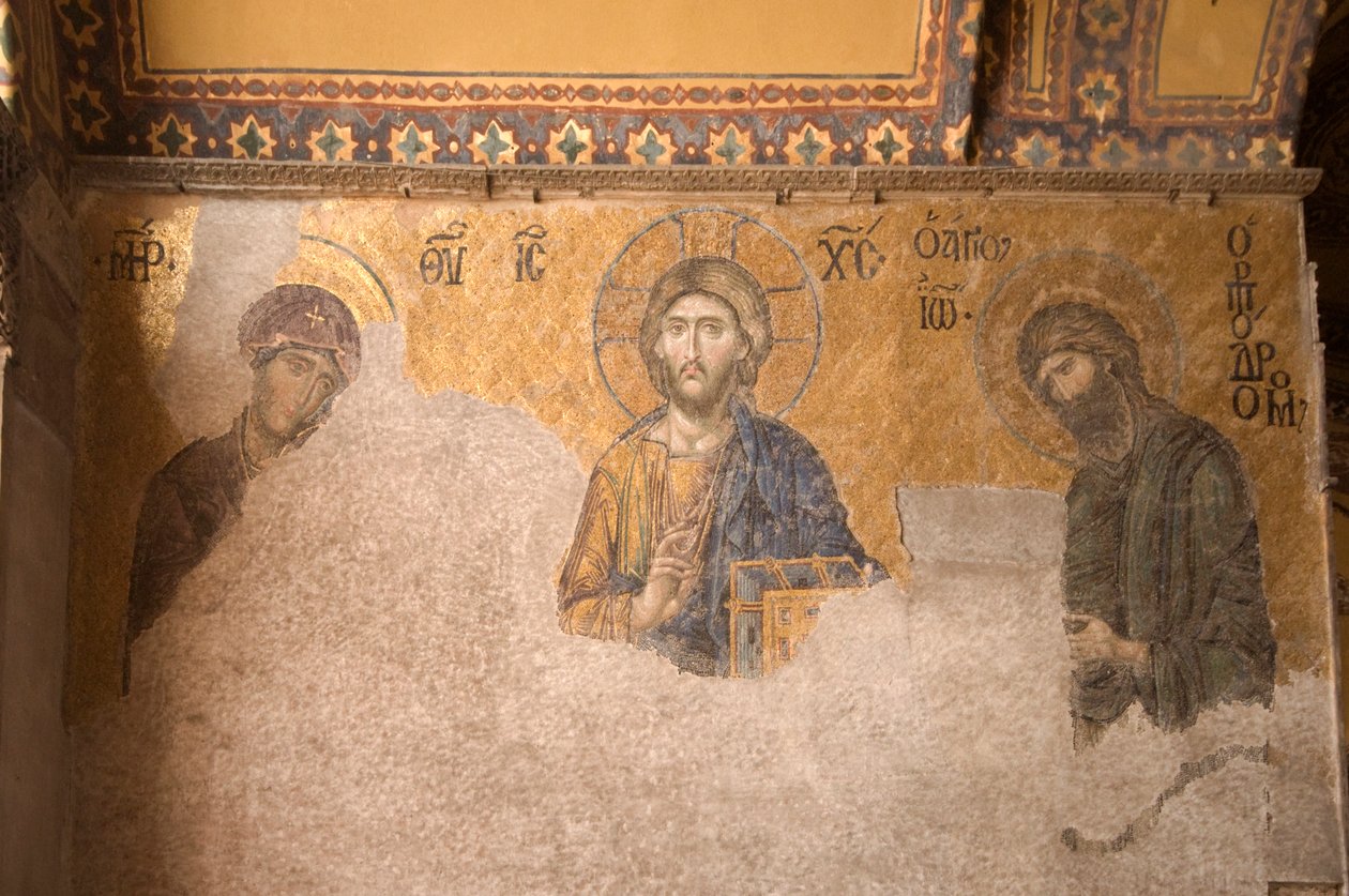 Evropa-Asie, Turecko, Istanbul, Muzeum Aya Sofya (537 n. l., dříve mešita a kostel), mozaikový panel s Kristem, Marií a Janem Křtitelem od Unbekannt