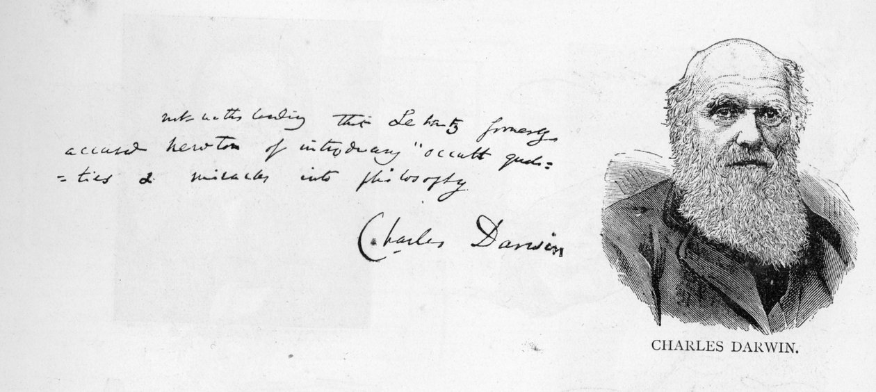 Výňatek z autogramové stránky kapitoly XV, svazek 1 „Původ druhů“ a podpis Charlese Darwina (pero a inkoust na papíře) od Unbekannt