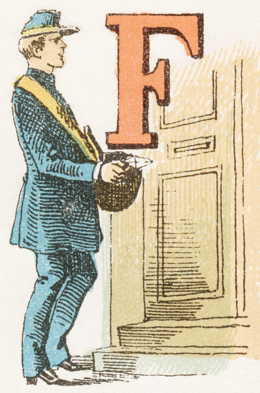F - Listonoš - rytina v: Dětská abeceda. Vydání Gordinne, cca 1920. Rozměry: 16,3 x 10 cm. od Unbekannt