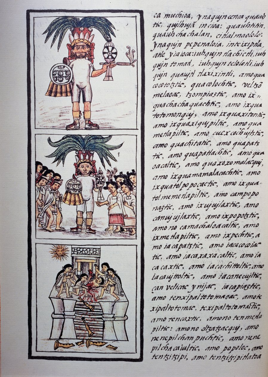 Festival Toxcatla a jeho oběti, Kniha II Florentského kodexu, dvojjazyčná verze ve španělštině a nahuatlu, Obecná historie věcí Nového Španělska (Historia general de las cosas de Nueva Espana), aztécká civilizace od Benjamin Baud