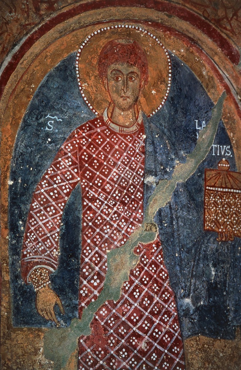 Postava světce, freska v kapli svatého Mikuláše (11.-15. století), Mottola, Puglia, Itálie od Benjamin Baud