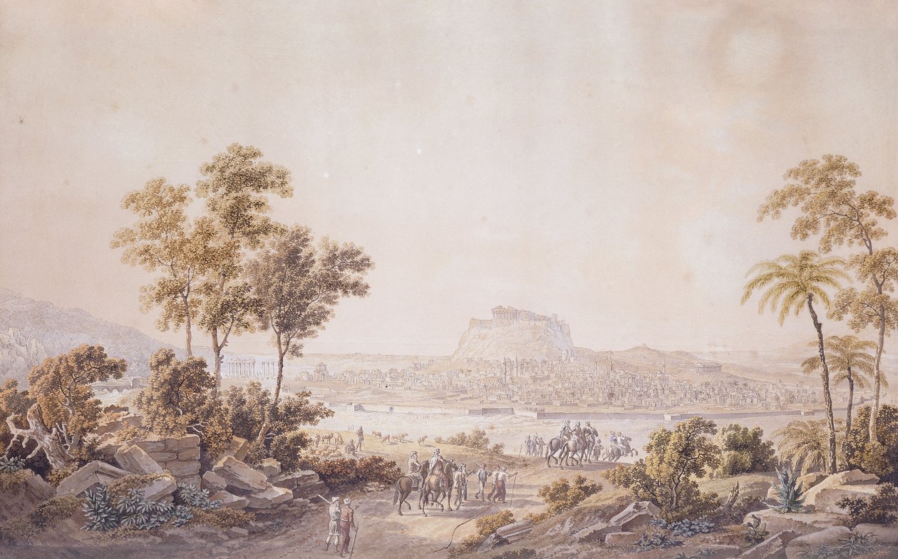 Postavy se blíží k městu Athens, Řecko, c.1800 od Unbekannt