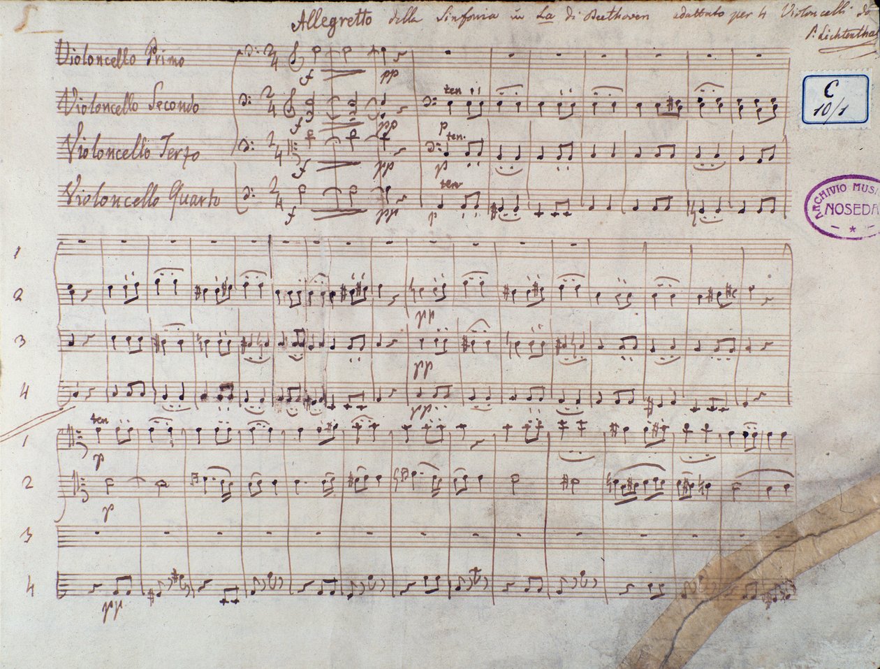 První strana partitury pro čtyři violoncella Symfonie č. 7 cs A dur, op. 92, od Ludwiga van Beethovena od Unbekannter Künstler
