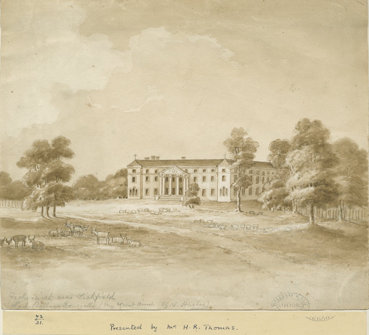 Fisherwick Hall: sépiová lavírovaná kresba, nd [?19. století] od Unbekannt