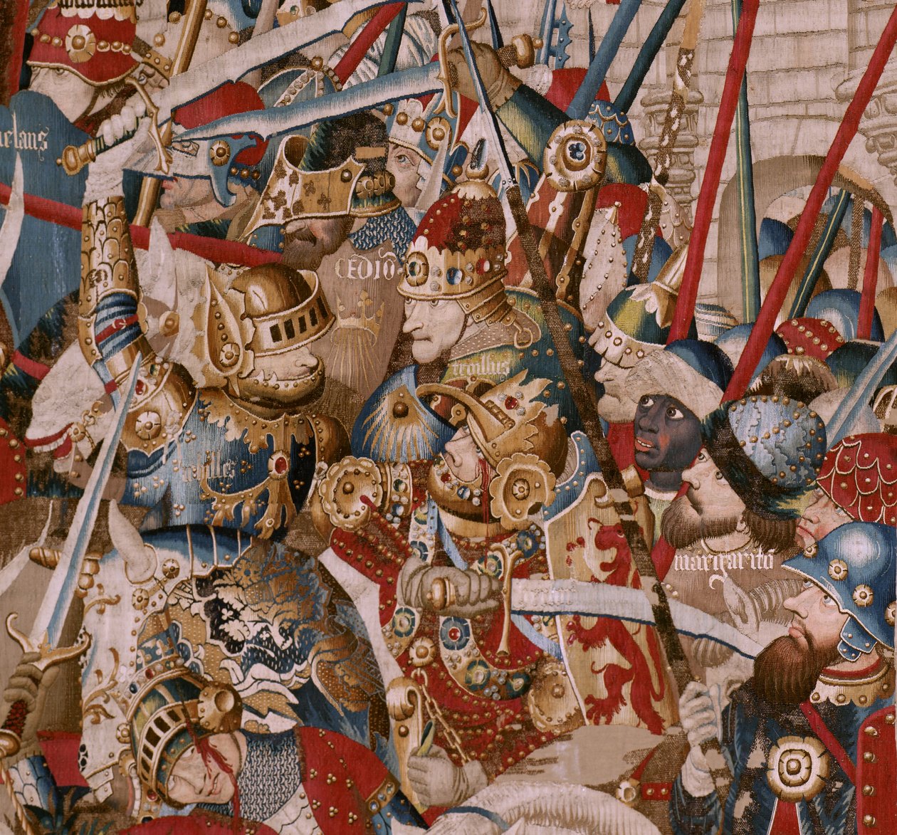 Vlámský gobelín. Seriál Trojská válka. Achillův stan (La Tienda de Aquiles). Šestá tapisérie v sérii. Model Coëtivy Master (Henry nebo Conrard de Vulcop). Výroba dílen Tournai. Ca 1470. Látka Vlna a hedvábí, 6/7 osnovy na cm. Rozměr 467 x 690 od Unbekannt