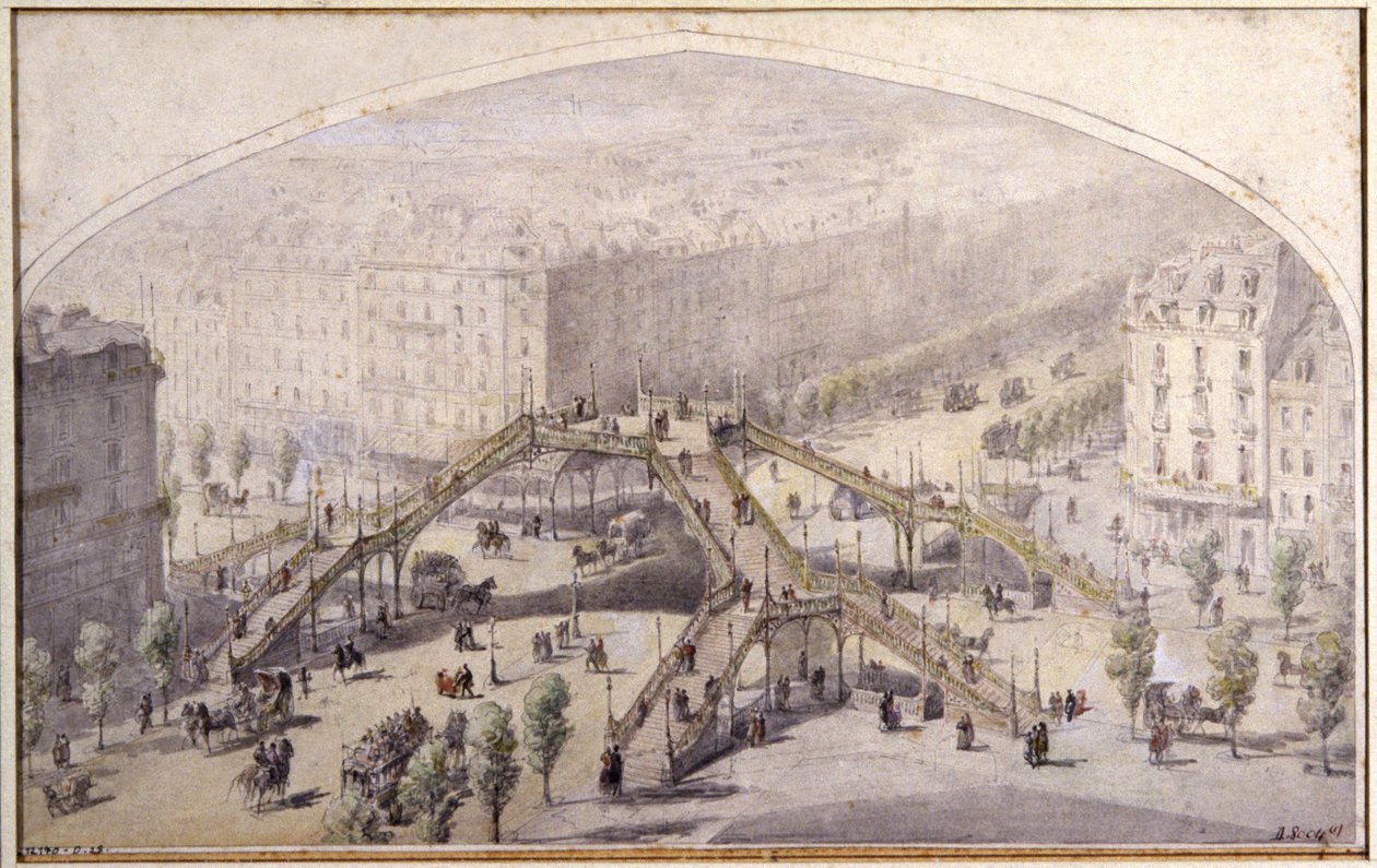 Lávka pro pěší v Paříži, asi 1880 (kresba) od Unbekannter Künstler