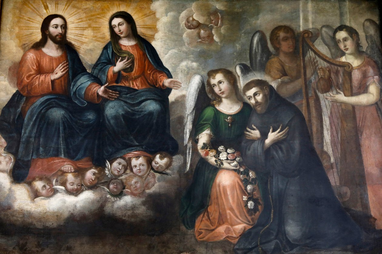 Muzeum Fray Pedro Gocial v klášteře San Francisca, Quito, Ekvádor. Obraz zobrazující Ježíše a Marii zjevující se San Franciscu (fotografie) od Unbekannter Künstler