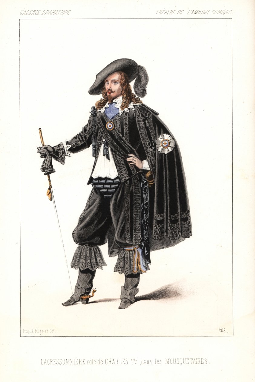Francouzský herec Louis Lacressonniere jako král Karel I. ve hře Les Mousquetaires od Alexandra Dumase, Theatre de l