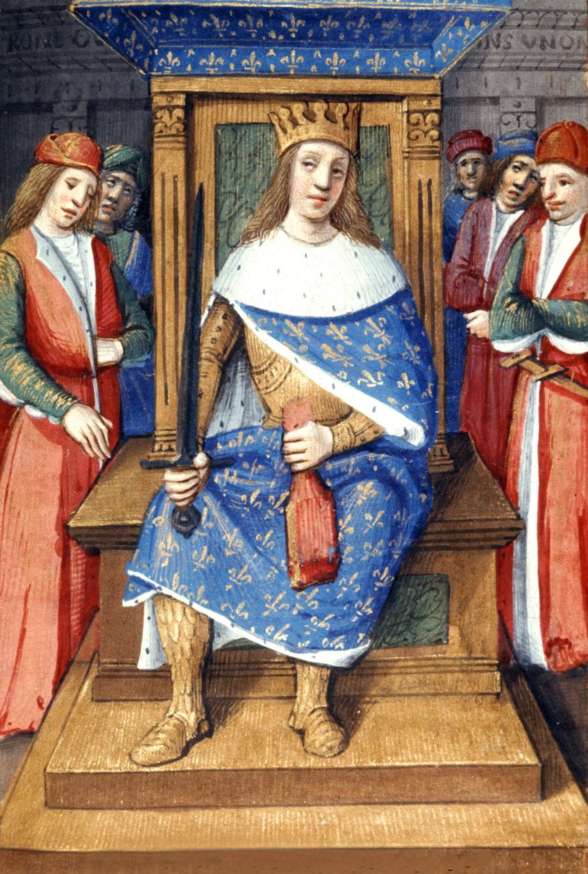 Francouzský král Ludvík IX (svatý Ludvík, 214-1270, král v letech 1226-1270) na trůně, francouzská iluminace od Unbekannter Künstler