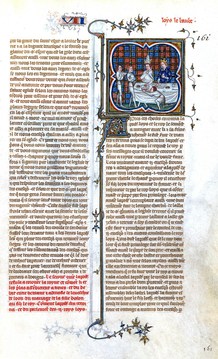 Francouzský král Ludvík Štěpán (846-879) při setkání s papežem Janem VIII. při jeho korunovaci v roce 877, iluminace z "Grandes Chroniques de France de CharlesV", asi 1375-1380 od Unbekannter Künstler