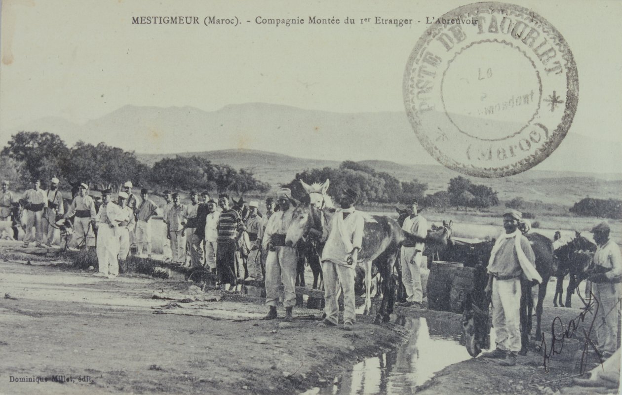 Francouzští legionářští koloniální vojáci na hlídce u pohoří Atlas, Maroko. pohlednice 1909 od Unbekannter Künstler