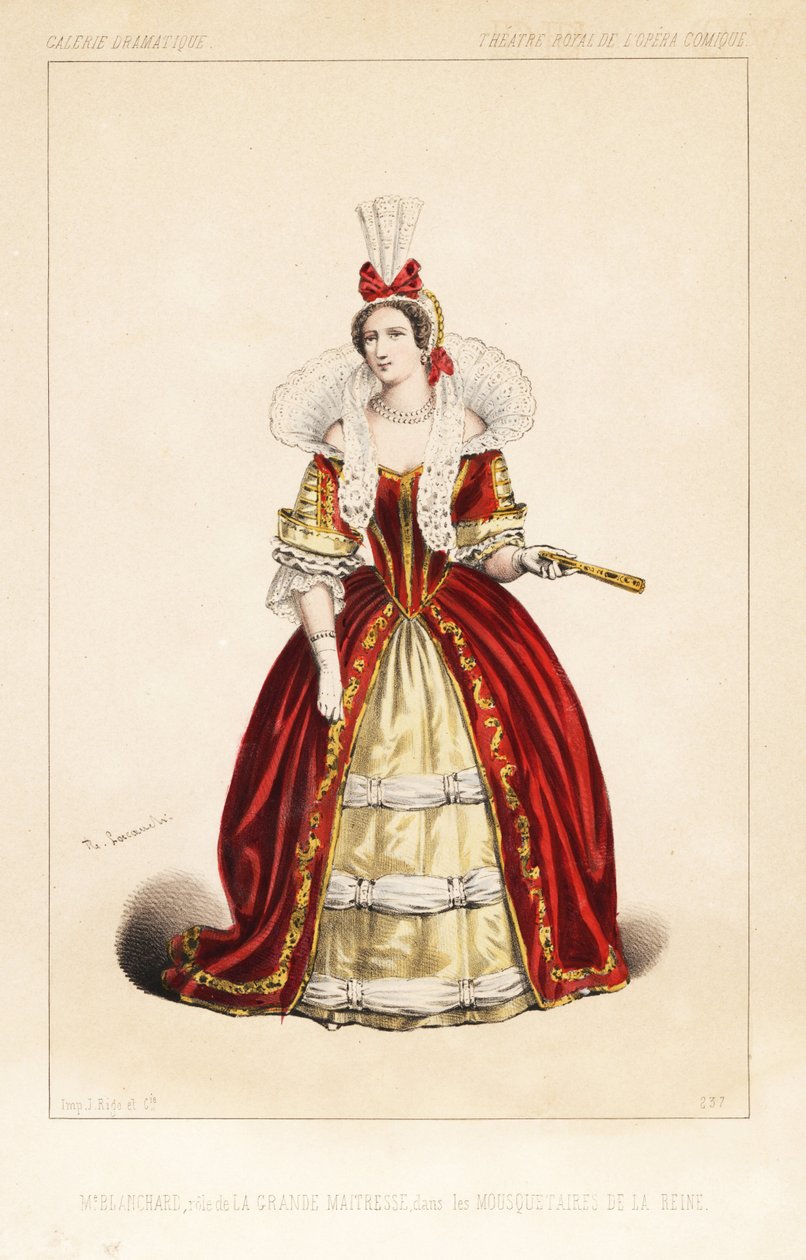 Francouzská operní pěvkyně Madame Frosine Blanchard jako La Grande Maitresse v komické opeře Les Mousquetaires de la Reine od Fromentala Halevyho, Theatre Royal de l