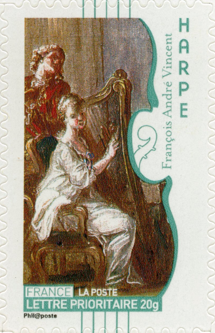 Francouzská poštovní známka zobrazující ženu hrající na harfu z obrazu francouzského umělce Françoise-André Vincenta - od Unbekannt