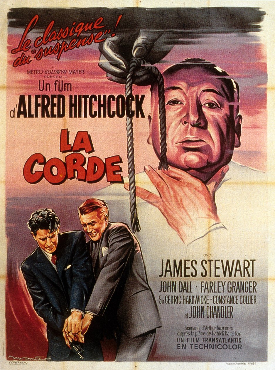 Francouzský plakát k filmu Rope režiséra Alfreda Hitchcocka s Jimmym Stewartem, Johnem Dallem a Farley Grangerem v hlavních rolích 1948 od Unbekannt