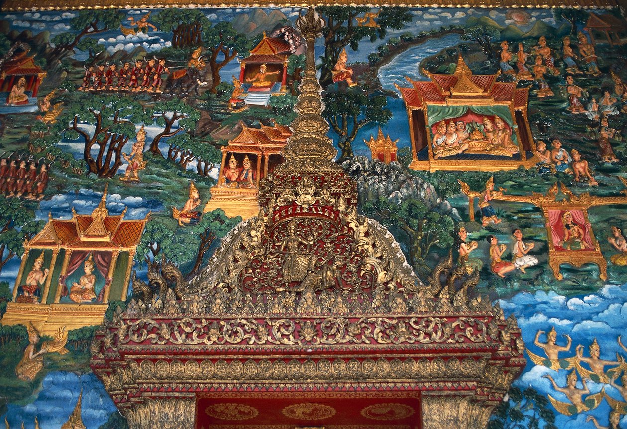 Freska a architektonický detail, Wat That, velká posvátná stúpa přestavěná ve 20. století Luang Prabang (Seznam světového dědictví UNESCO od William M. Timlin