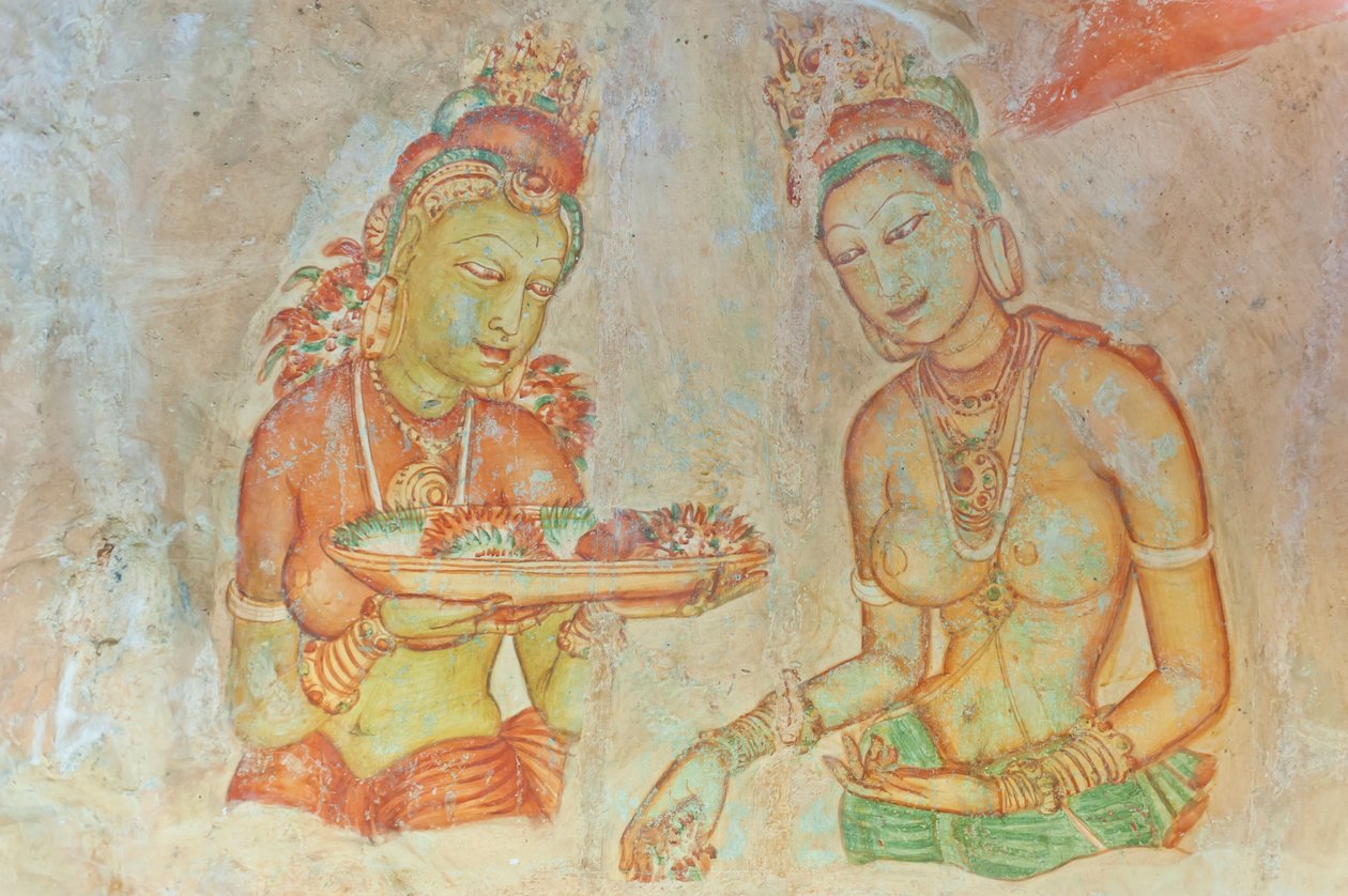Freska; žena s odhalenými ňadry s květinami; apsary; světové dědictví UNESCO; Sigiriya; Srí Lanka; Asie od Unbekannt