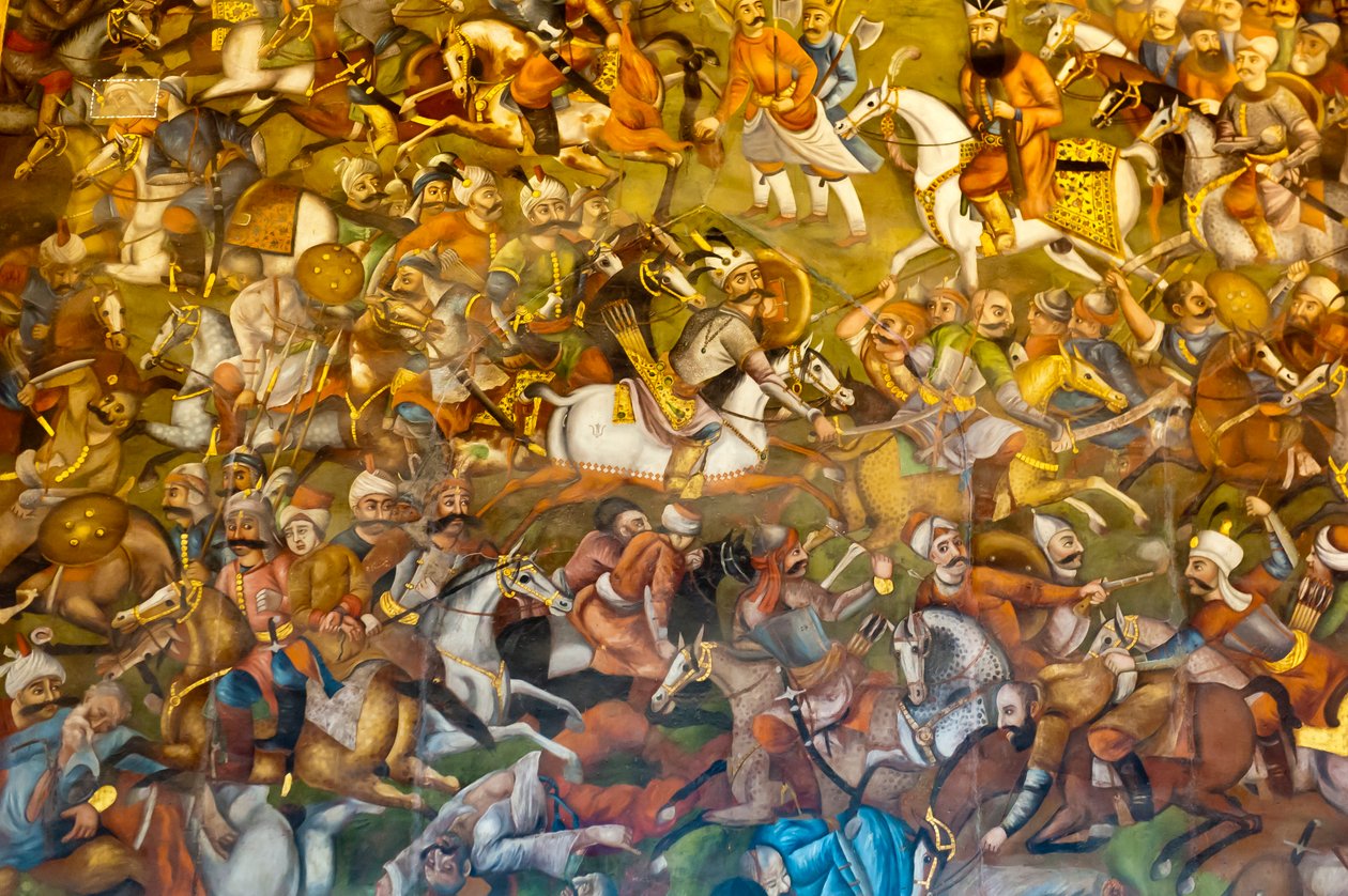 Freska; bitva chaldiran nebo chaldiran proti osmanským sultánovi Selimovi I.; 1514; Chehel Sotoun; Palác čtyřiceti pilířů; Isfahán; Írán; Asie od Unbekannt