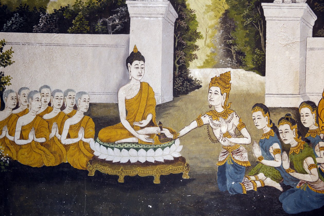 Freska zobrazující scénu Buddhova života ve Wat Phra Doi Suthep, Chiang Mai. Buddha přijímá almužnu. Thajsko od Unbekannt