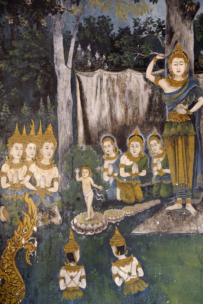 Freska zobrazující scénu Buddhova života ve Wat Phra Doi Suthep, Chiang Mai. Thajsko. Buddha jako dítě. od Unbekannt