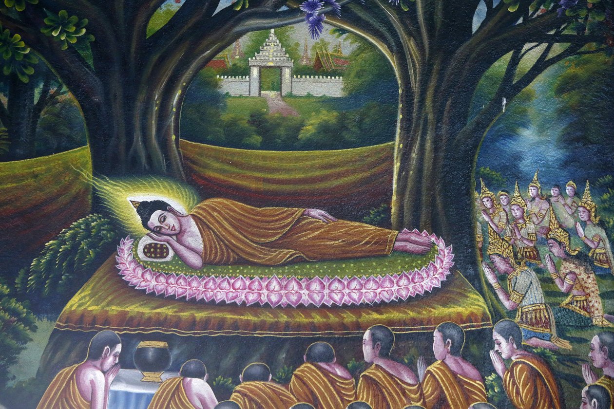 Freska zobrazující Buddhův vstup do nirvány ve Wat Chiang Mun, Chiang Mai. Buddhův vstup do parinirvány. Thajsko od Unbekannt