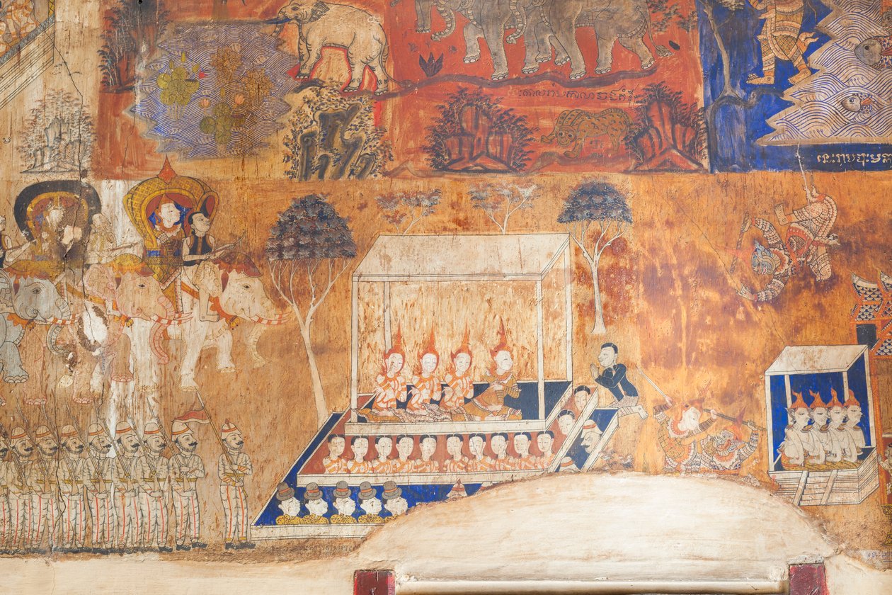 Fresky zdobící stěny Wat Bo zobrazující scény z Reamker, Siem Reap, Kambodža (foto) od Unbekannter Künstler