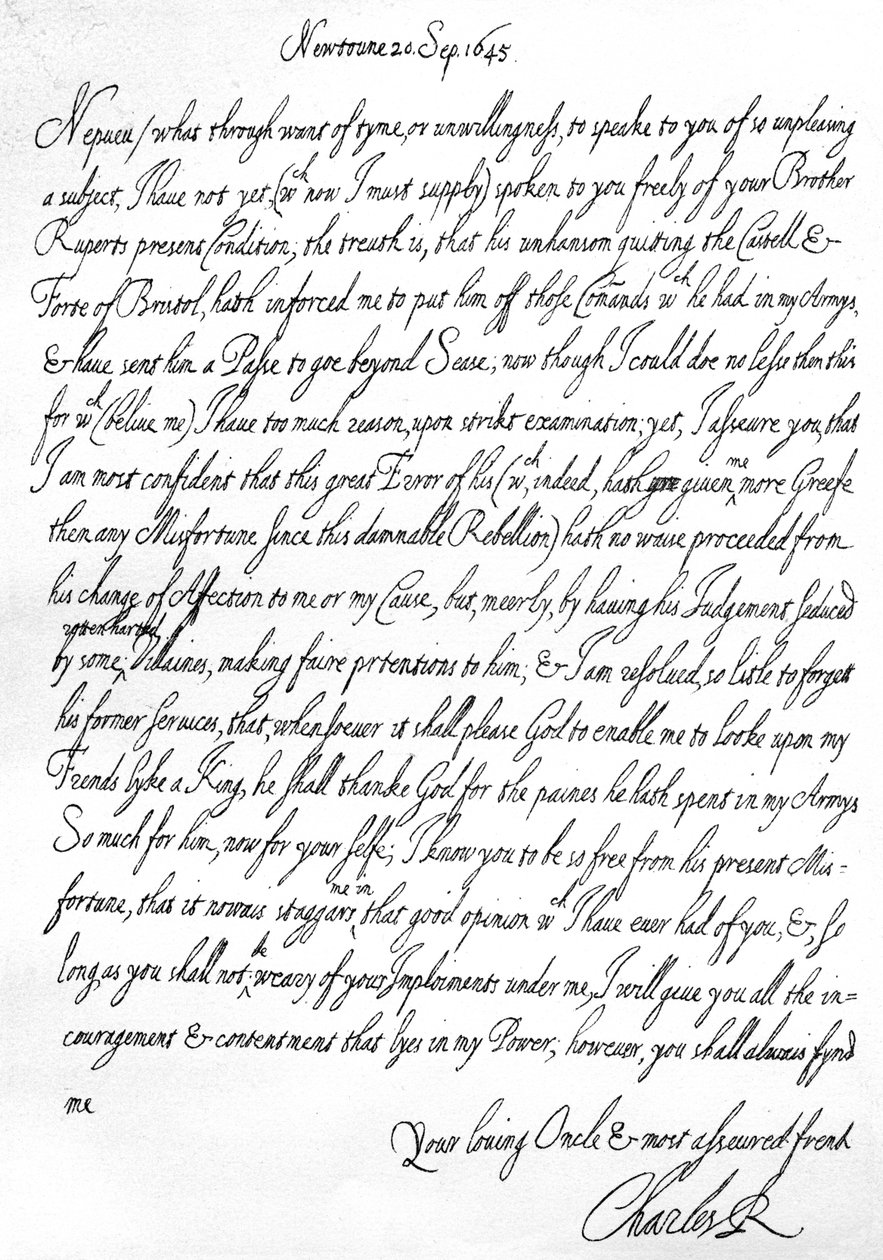 Přátelský dopis Karla I. jeho synovci, princi Maurice, napsaný v Newtown, Powys, Wales, 20. září od Unbekannt