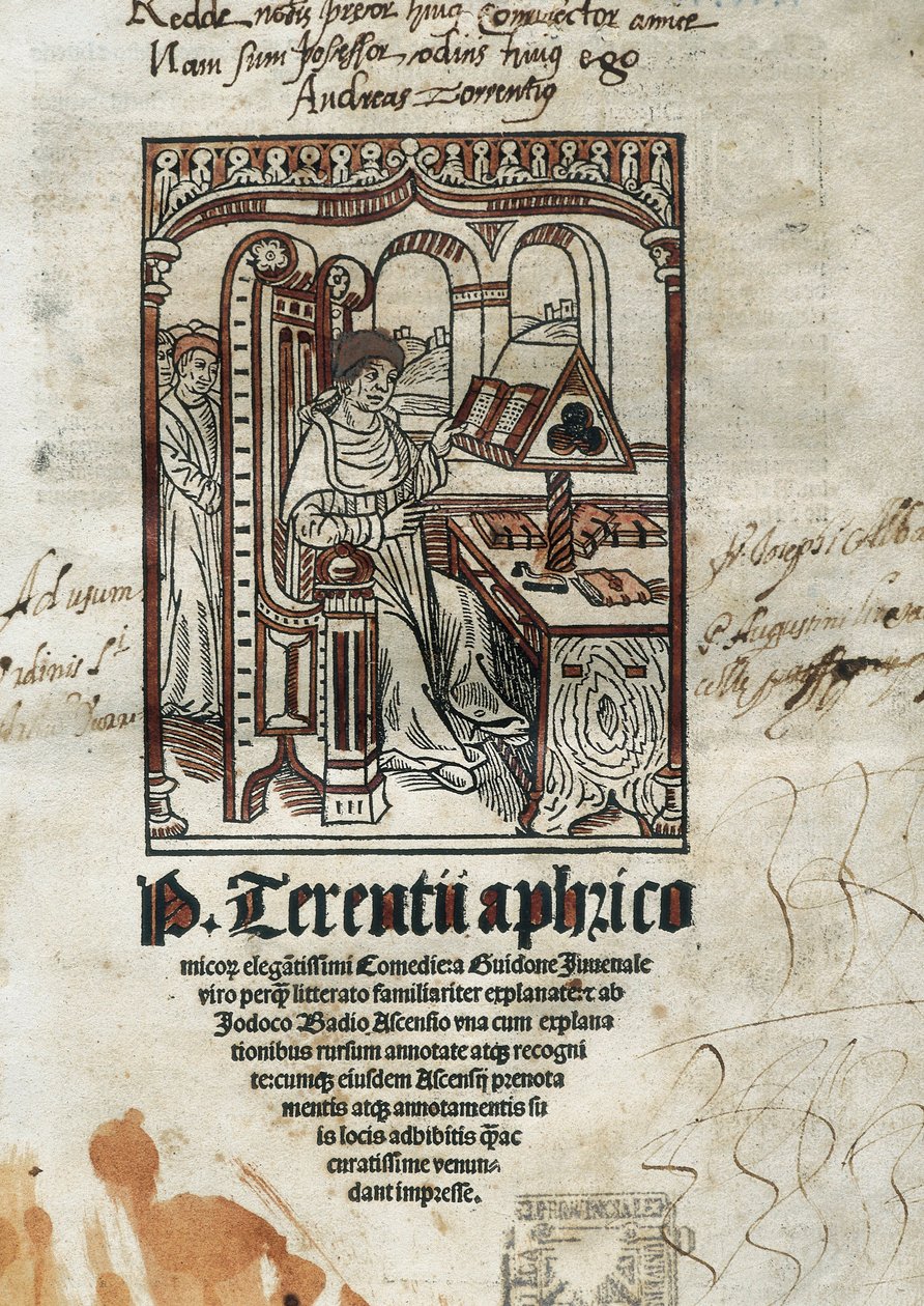 Frontispis komedií komického básníka Terence (Publius Terentius Aferer) (190-145 př. Kr.). Autor je zastoupen. od Unbekannt