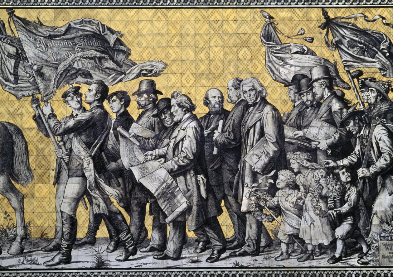 Furstenzug, neboli Procesí knížat, v Augustus Strasse, vyrobeno z 25 000 míšeňských dlaždic, detail, Drážďany, Sasko, Německo od Benjamin Baud
