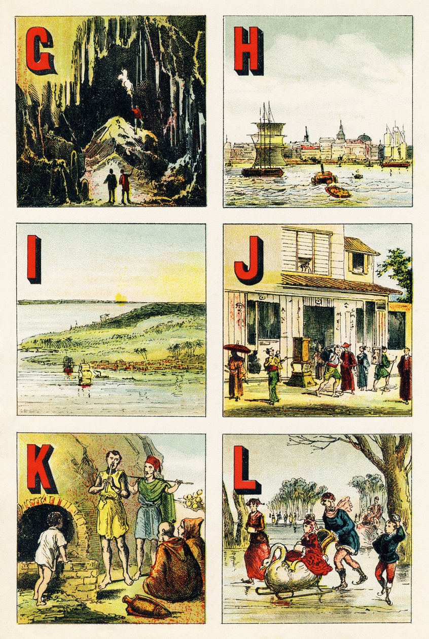 G H I J K L: jeskyně, Hamburk, ostrov, Japonsko, Kabylie, jezero - Rytina extrahovaná ze zeměpisné abecedy. Guerin-Muller et Cie, nakladatelství, Paříž od Unbekannt