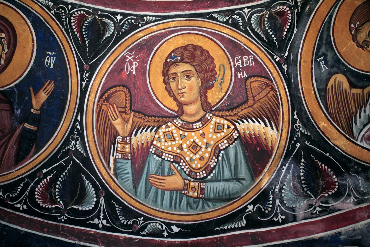 Gabriel Archanděl medailon kolem Krista a posledního soudu Detail byzantské fresky z narthexské klenby kostela Asinou Scéna posledního soudu 14. století (1332) UNESCO, světové kulturní dědictví region Troodos, Kypr od Unbekannt