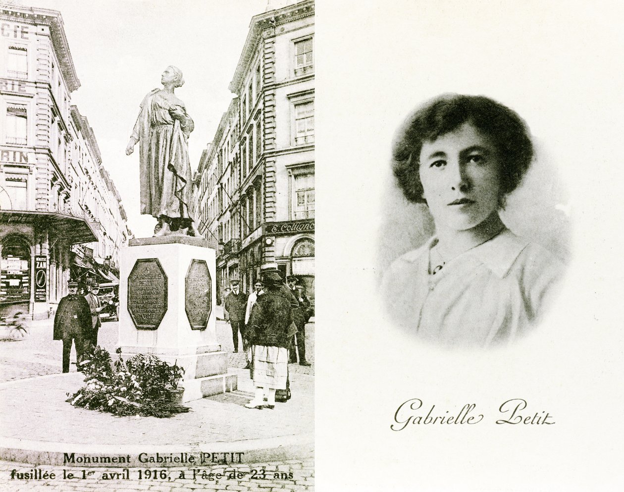 Gabrielle Petit a pomník postavený na její počest v Bruselu, pamětní listy, kolem roku 1925 (litho) od Unbekannter Künstler