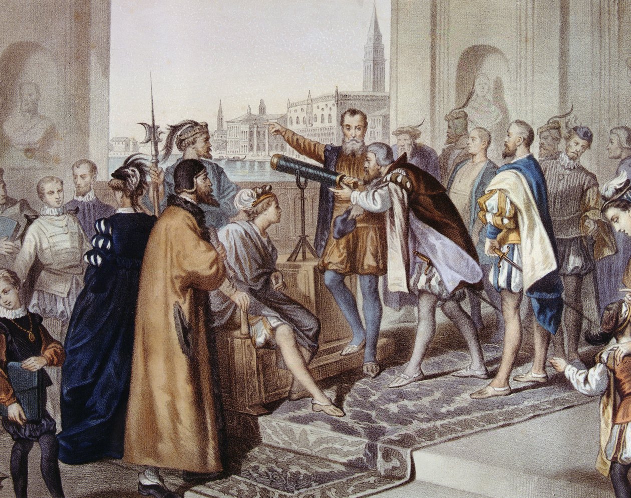 Galileo Galilei předvádí svůj vynález dalekohled (barevný litho) od Unbekannter Künstler