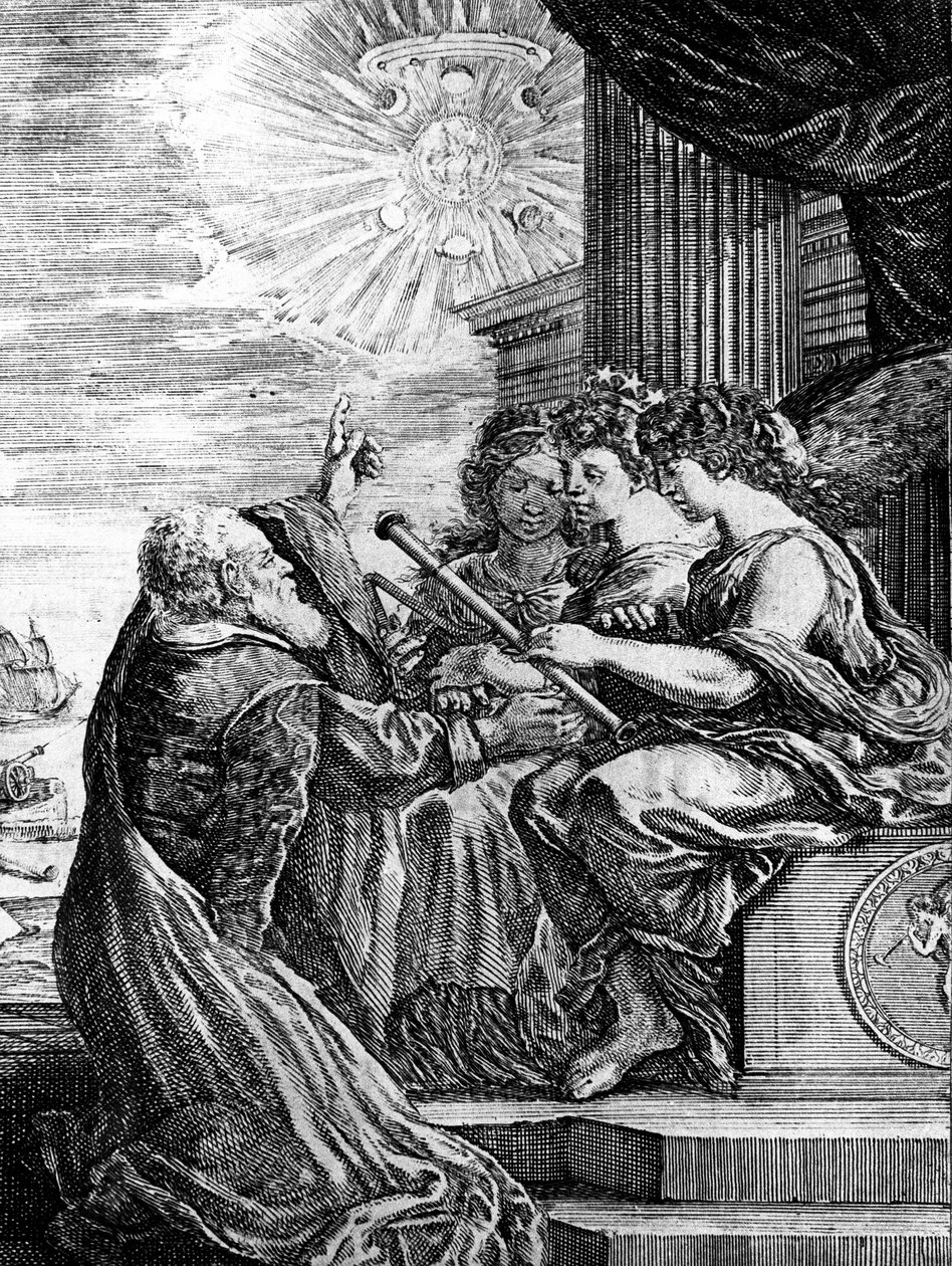Galileo představuje svůj dalekohled Múzám a ukazuje heliocentrický systém vesmíru. od Unbekannter Künstler