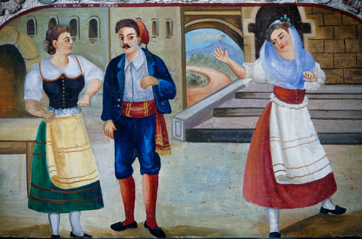 Galantní scéna s postavami v kostýmech, malba na dřevěné desce, sicilské ruční práce, Sicílie, Itálie, Detail od William M. Timlin