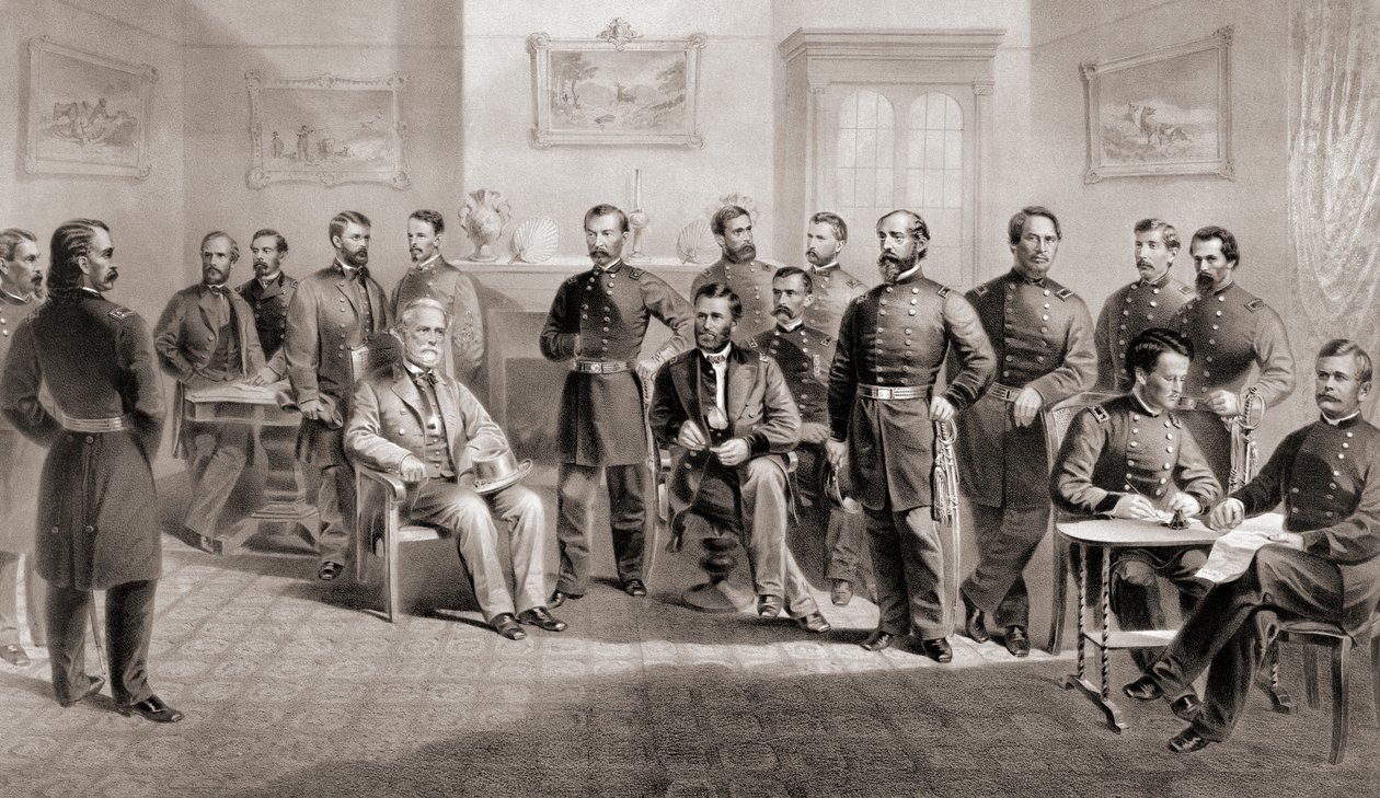 Generál Ulysses S. Grant (sedící uprostřed vpravo) a generál Robert E. Lee (sedící uprostřed vlevo) se svými příslušnými zaměstnanci v soudní budově Appomattox ve Virginii, kde generál Lee kapituloval armádu Severní Virginie a tím ukončil americkou občansk od Unbekannt