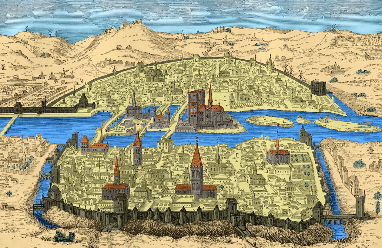 Celkový pohled na Paříž v 15. a 16. století (rytina) od Unbekannter Künstler