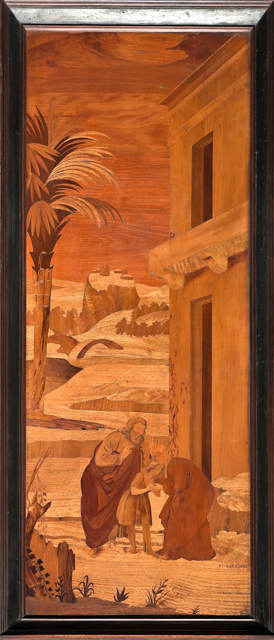 Janov, Duomo (katedrála svatého Vavřince), uvnitř, apsida, chór, severní strana: „Svatý Jan Křtitel se rozchází se svou rodinou“, dřevěná intarzie od Vincenza e Tommaso Garassino (19. století) od Unbekannter Künstler