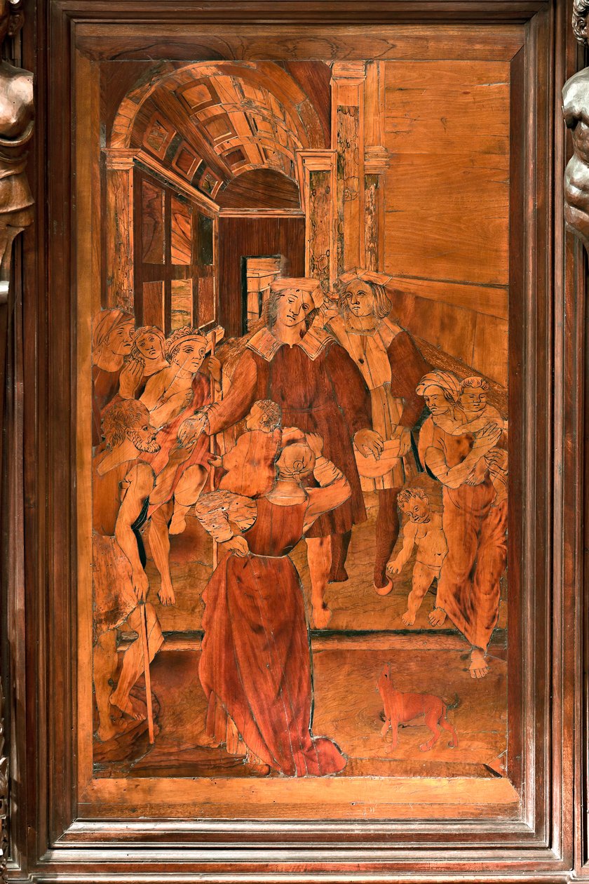 Janov, Duomo (Katedrála svatého Vavřince), interiér, presbytář, apsida, chór, severní strana: „The Charity of St Lawrence“, dřevěná intarzie Gian Michele de