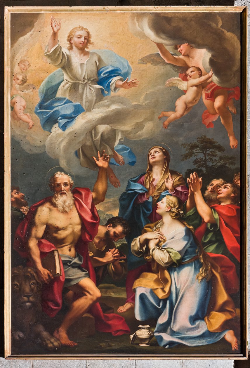 Janov, Duomo (katedrála svatého Vavřince), uvnitř, jižní ulička, jižní stěna: „Nanebevstoupení sv. Jeronýma, Magdaleny a svatých“ (asi 1694) od Unbekannter Künstler