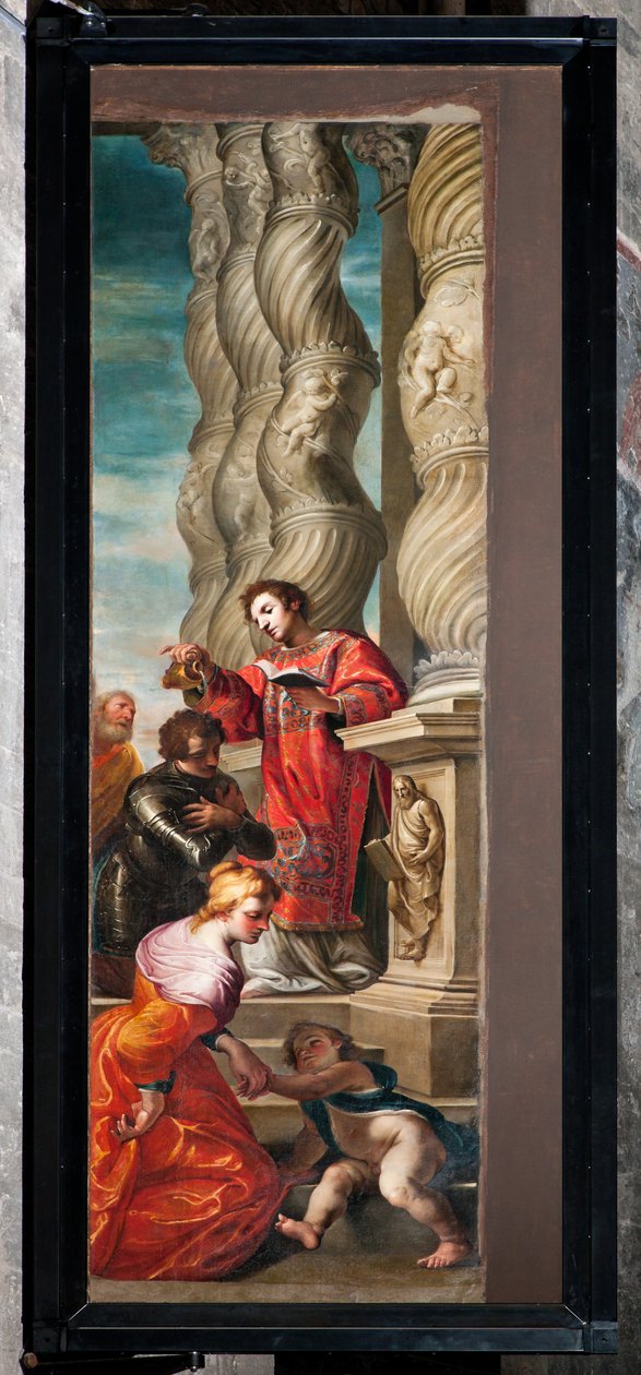 Janov, Duomo (katedrála svatého Vavřince), interiér, levá ulička, původní dveře varhan jižní boční příčné lodi: "St Lawrence christens St Romanus" (1634-6), Andrea Ansaldo od Unbekannter Künstler