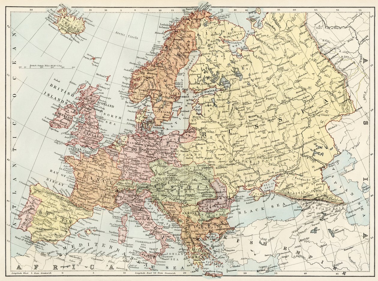 Geografická mapa Evropy v 70. letech 19. století. Barevná litografie 19. století od Unbekannter Künstler