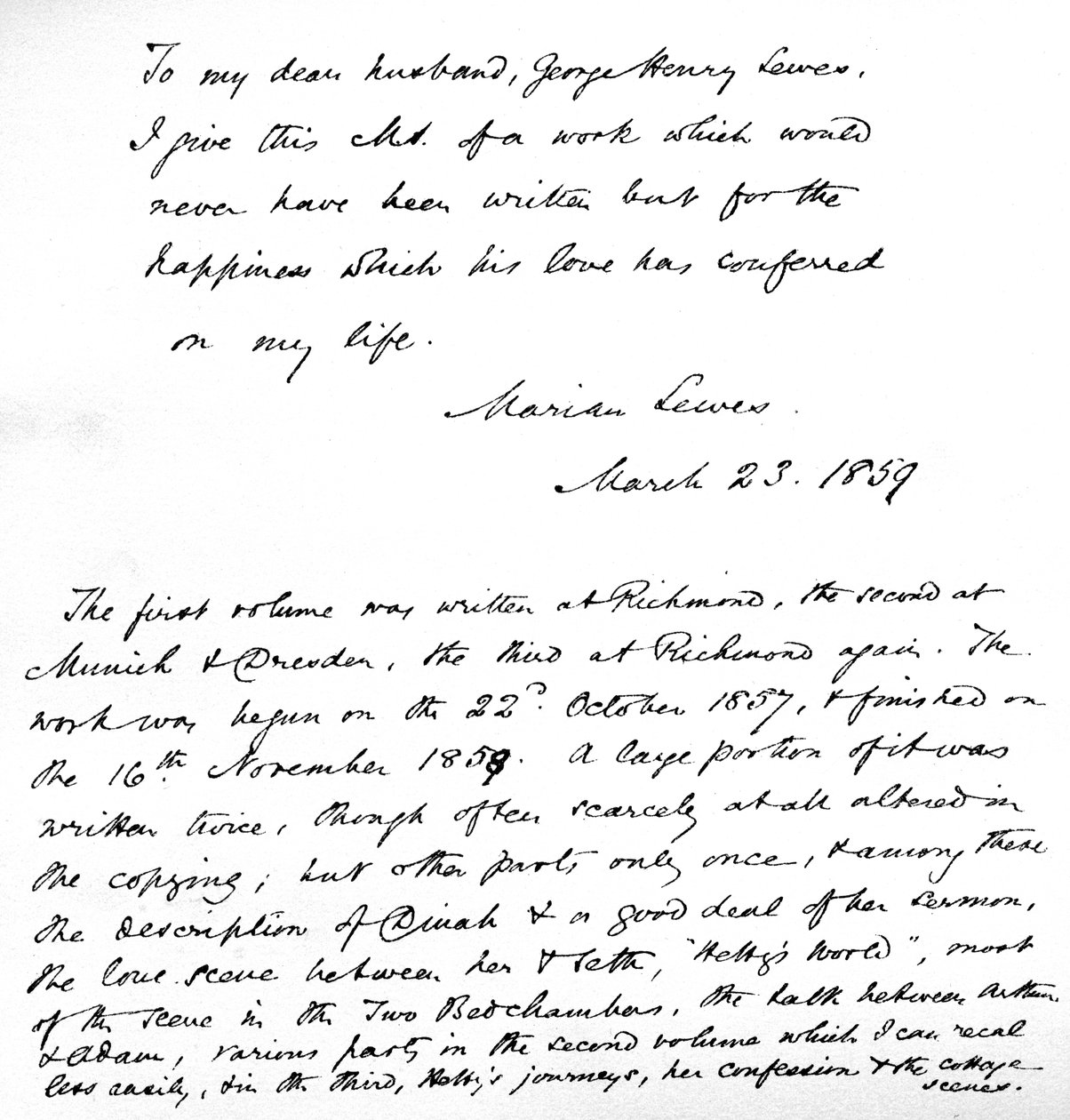 Vřelá a láskyplná oddanost George Eliota svému „drahému manželovi“ George Henry Lewesovi na 1. straně rukopisu jejího románu „Adam Bede“, 23. března od Unbekannt