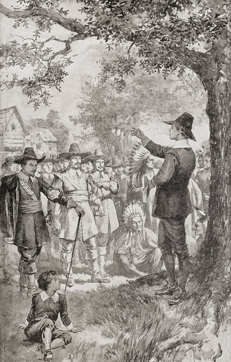 George Fox káže v roce 1671 v americkém Marylandu během čtyřdenního setkání místních kvakerů. George Fox od Unbekannter Künstler