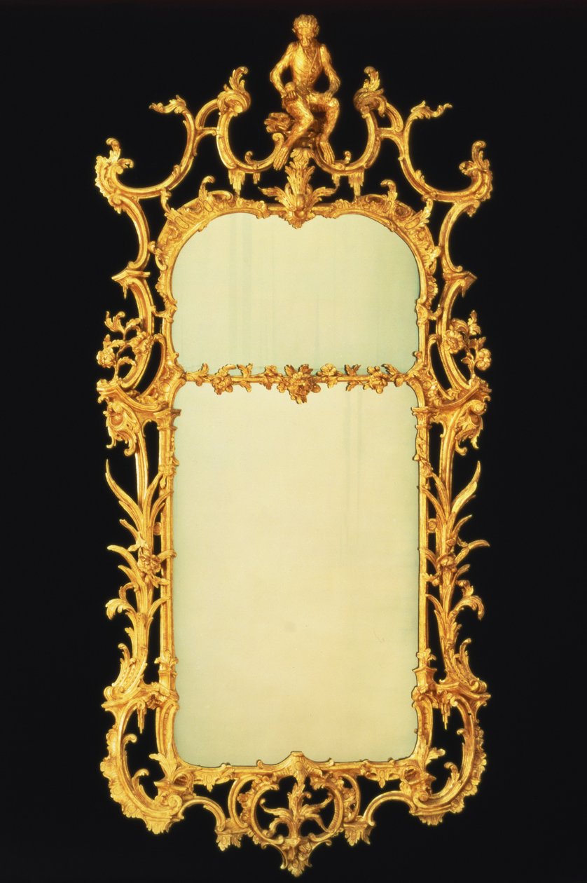 Zrcadlo na molu George III z pozlaceného dřeva, se dvěma deskami, propracovaný hřeben, uprostřed je postava opice na kamenném podstavci, kolem roku 1765 od Unbekannt