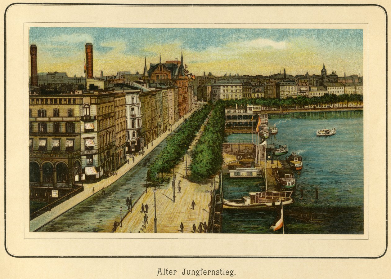 Německo, Hamburg, Alter Jungfernstieg , u jezera Alster, ilustrace z : "Ansichten-Album Hamburg" , vydal C. Schneider, Berlin NW. cca 1890 (litografie) od Unbekannter Künstler