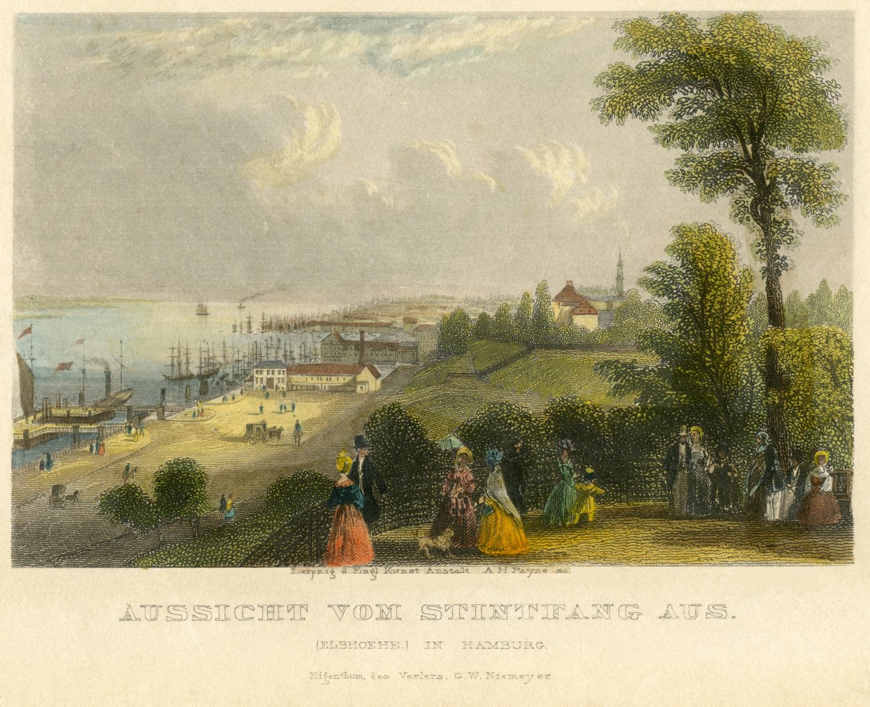 Německo, Hamburk, Elbhoehe, pohled od Stintfangu k Labi, kolorovaná ocelorytina od A. H. Payna, Lipsko, vydal G. W. Niemeyer, kolem roku 1850 od Unbekannter Künstler