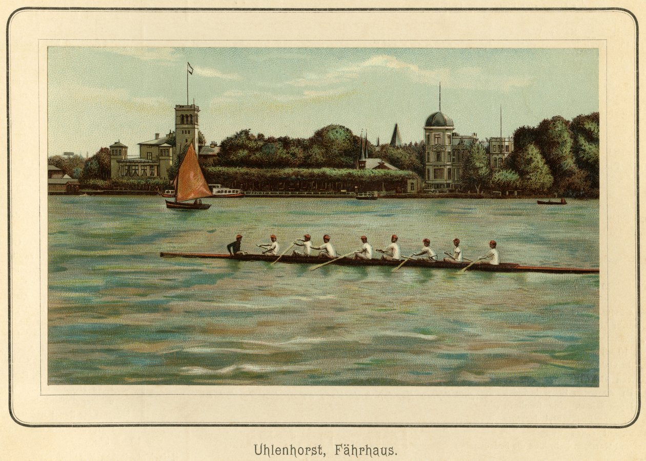 Německo, Hamburk, přívoz Uhlenhorst u jezera Alster, ilustrace z : "Ansichten-Album Hamburg" (pohledy z Hamburku), vydal C. Schneider, Berlín NW cca 1890 (litografie) od Unbekannter Künstler