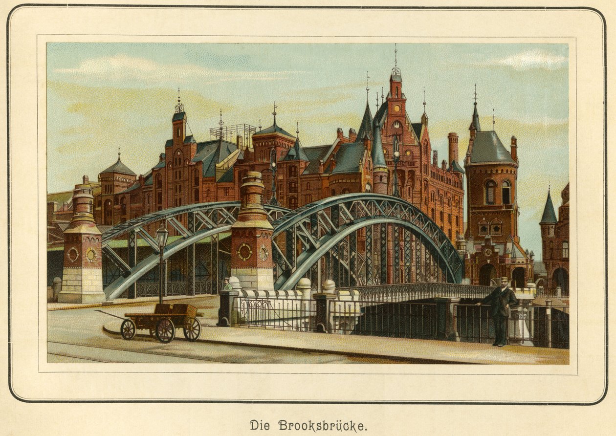 Německo, Hamburk, "Brooksbruecke" (Brooksův most) a v pozadí přístavní sklady zvané "Speicherstadt", asi 1890 (litografie) od Unbekannter Künstler