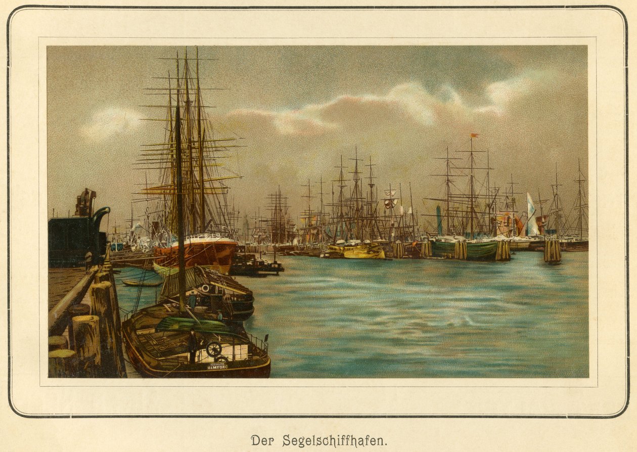 Německo, Hamburk, přístav pro plachetnice, litografie z : "Ansichten-Album Hamburg" (pohledy z Hamburku), vydal C. Schneider, Berlín NW., cca 1890 (litografie) od Unbekannter Künstler